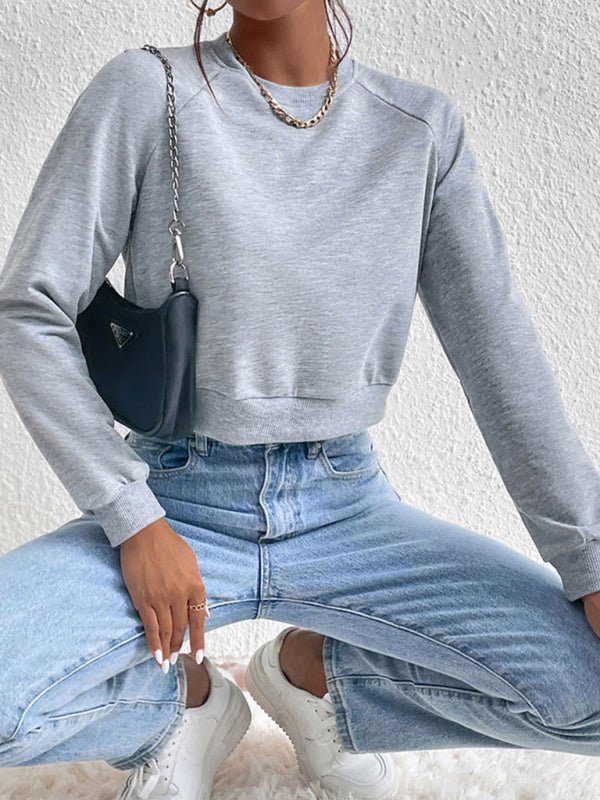 New women's long - sleeved round neck solid color sweater - Outerwear